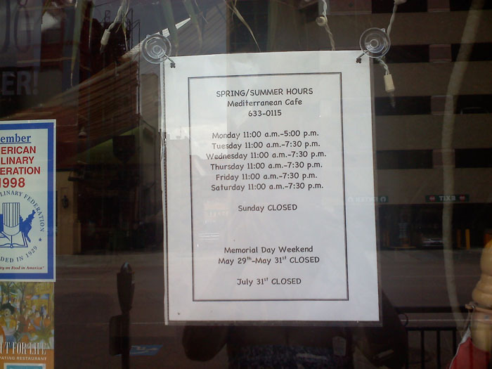 Ridiculous hours at Cafe Med, Colorado Springs