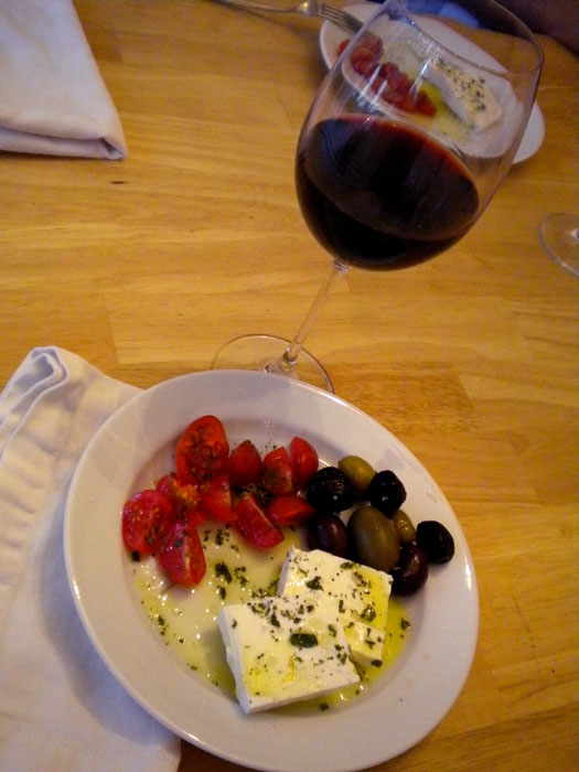 Home made Greek salad and No. Zero red wine